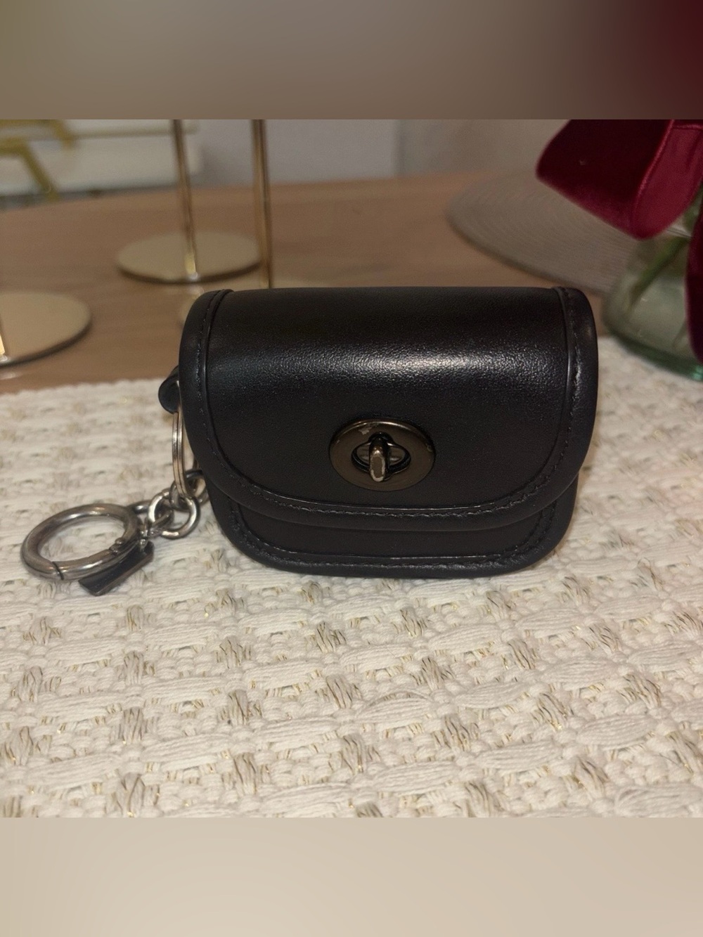 Coach Heritage Turnlock Bag Charm Key Fob Black Leather C3163 VGC